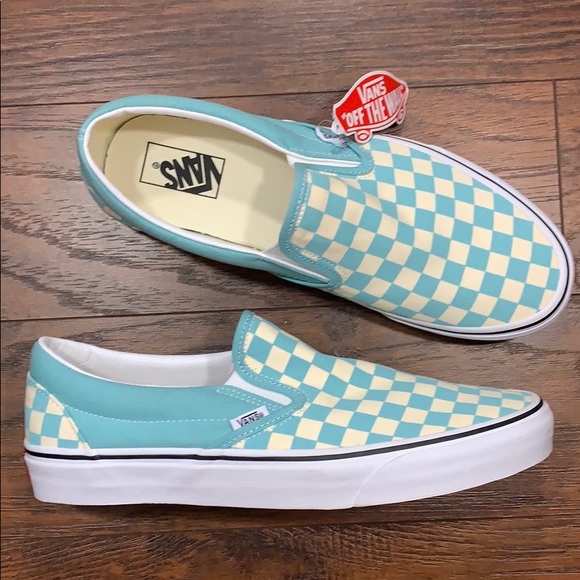 aqua checkerboard slip on vans
